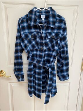 Time and Tru Blue and Black Plaid Belted Shirt Jacket